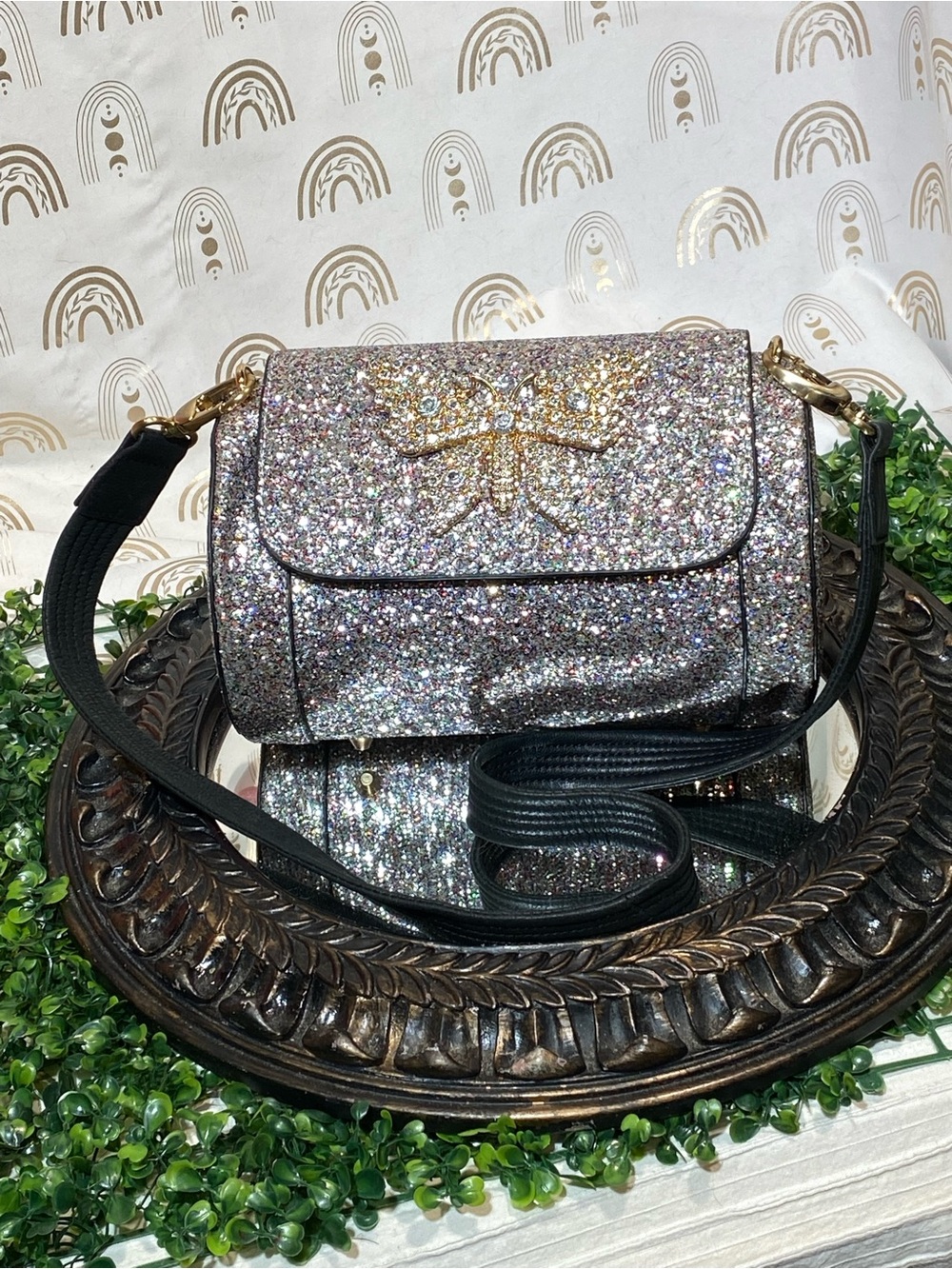 Silver Glitter Bow Crossbody Bag with Black Strap